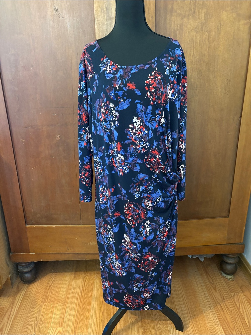Navy Floral Long-Sleeve Midi Dress with Side Twist Detail Jacqueline Smith